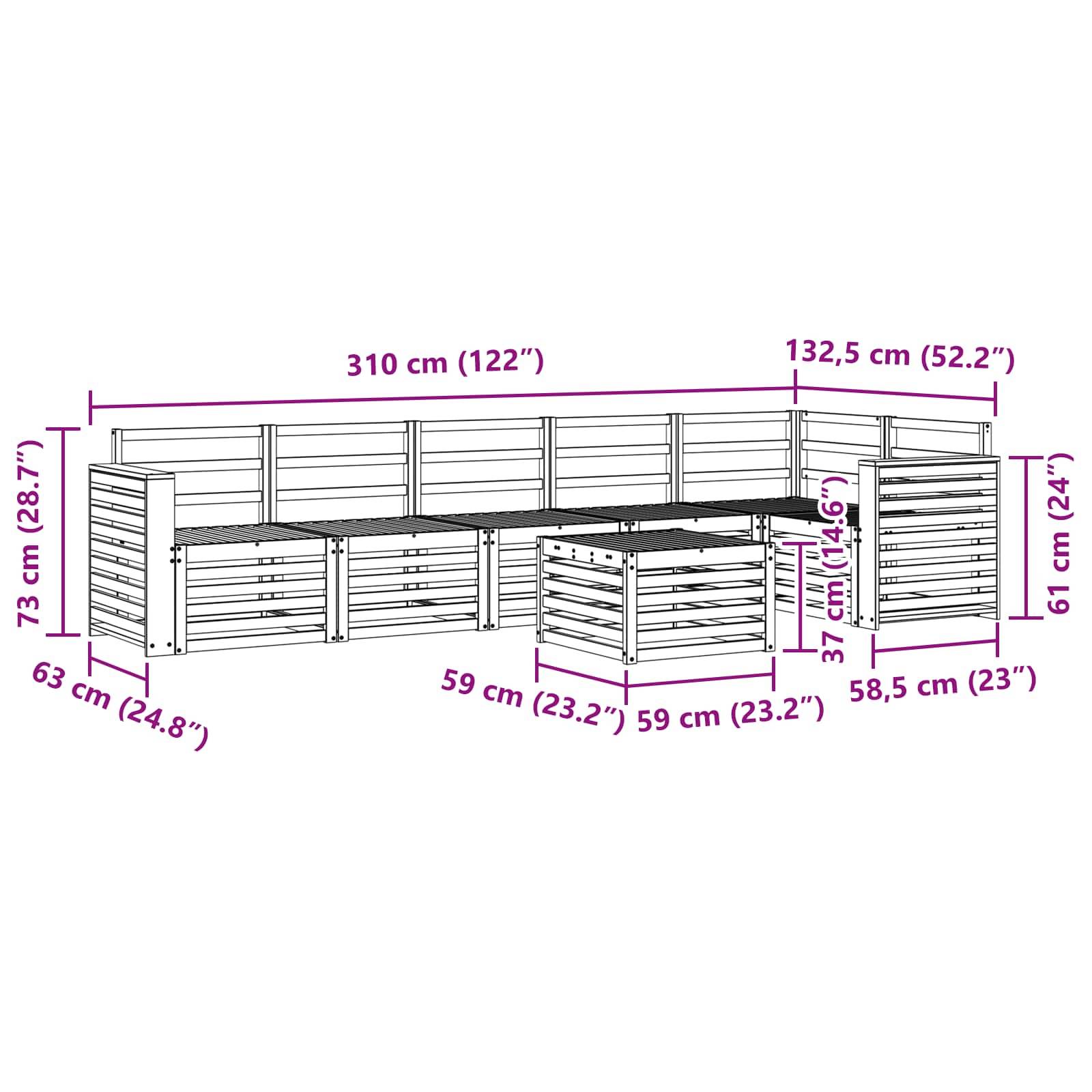 Maßstabgerechte Zeichnung eines modularen L-förmigen Außenbanksets mit einer Gesamtgröße von 310 cm Breite, 73 cm Höhe und Einzelteilmessungen.