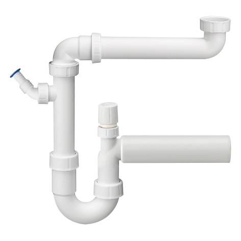 Weiße Kunststoff-Spülbeckenabflussrohre mit P-Siphon, horizontalem Auslauf und verschlossenen Seiteanschlüssen auf neutralem Hintergrund.