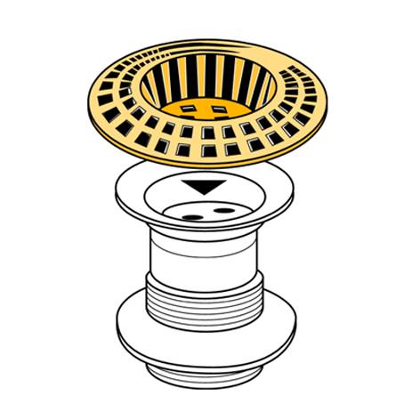 Zerlegtes Diagramm einer Spülenablauf-Baugruppe mit einem gelben Gitterabdeckung, oberem Ring und gewindeformendem Ablaufkörper vertikal ausgerichtet.