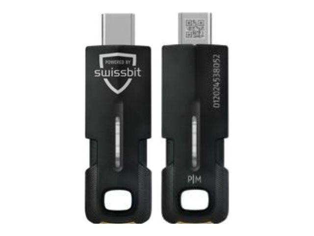 Zwei schwarze Swissbit-USB-Speichersticks nebeneinander dargestellt, eine Vorderansicht und eine Rückansicht mit QR-Code und Seriennummer.