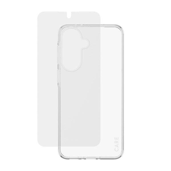 Transparente Smartphone-Schutzhülle mit passendem durchscheinendem Rückenfilm, Vorder- und Rückansicht auf weißem Hintergrund.
