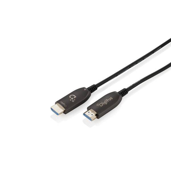 Schwarzes USB-Kabel mit zwei vergoldeten Steckern, einer HDMI und einer DisplayPort, auf weißem Hintergrund.