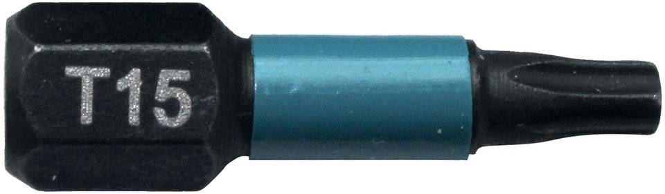 Torx T15 Schraubendreherbit mit schwarzem Sechskantschaft und blauem Mittelband, auf weißem Hintergrund dargestellt.