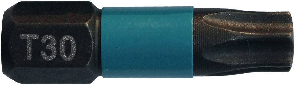 T30 Torx-Schraubendreher-Bit mit schwarzen Metallenden und einem blaugrünen Mittelbund.