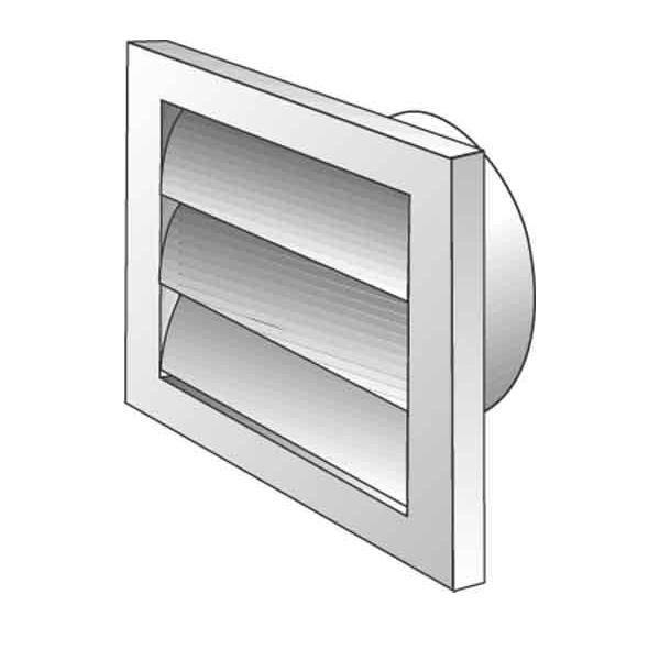 Illustration eines quadratischen Wandlüftungsgitters mit schrägen Lamellen und einer kreisförmigen Kanalverbindung dahinter.