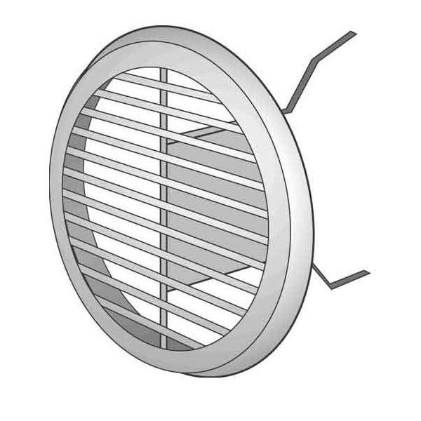 Kreisförmiges Metall-Lüftungsgitter oder Gitter mit horizontalen Lamellen und zwei Befestigungshalterungen, dargestellt in einer einfachen technischen Zeichnung.