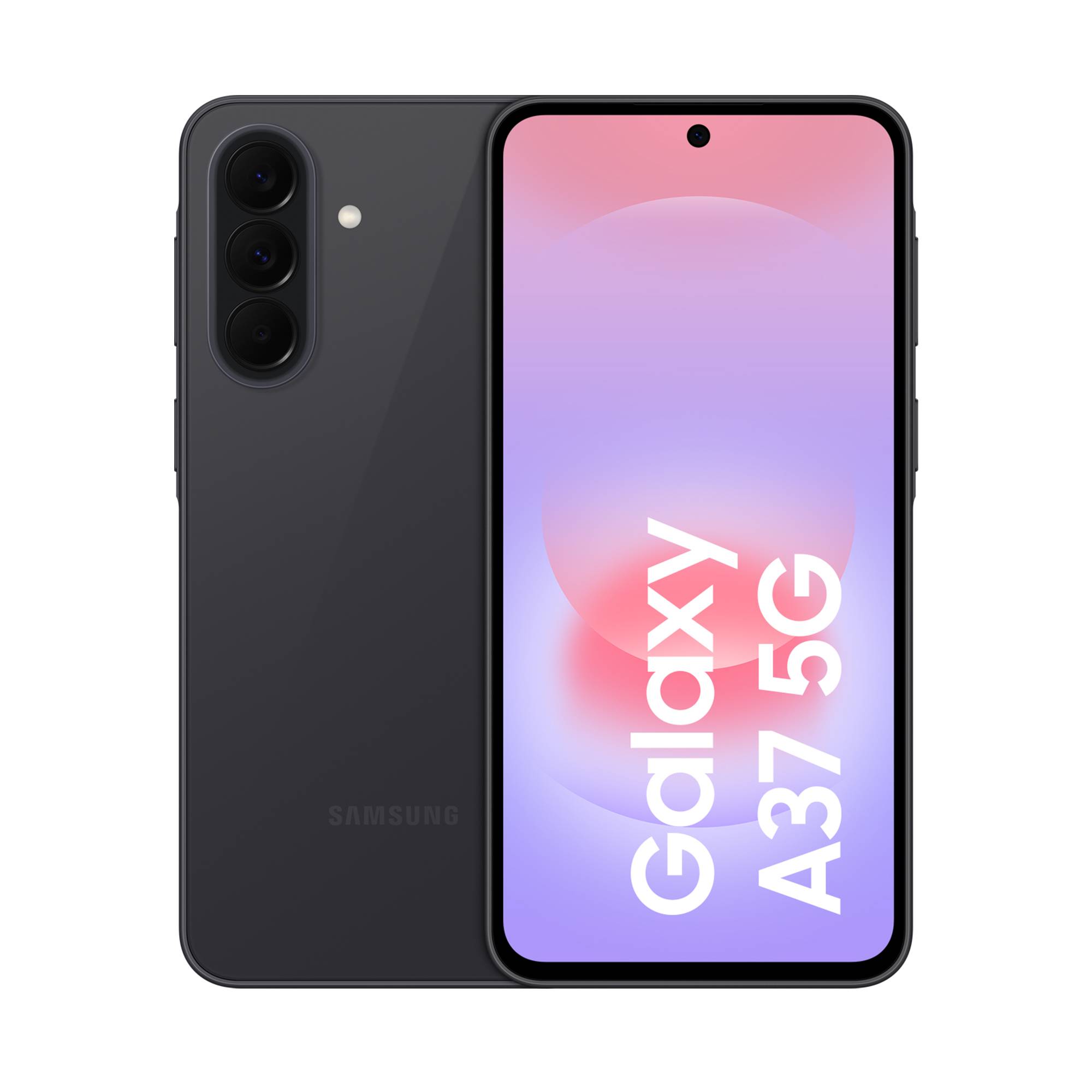 Schwarzes Samsung Galaxy A37 5G Smartphone von vorne und hinten gezeigt, mit dreifachen rückseitigen Kameras und einem zentrierten Loch-Display mit der Anzeige „Galaxy A37 5G