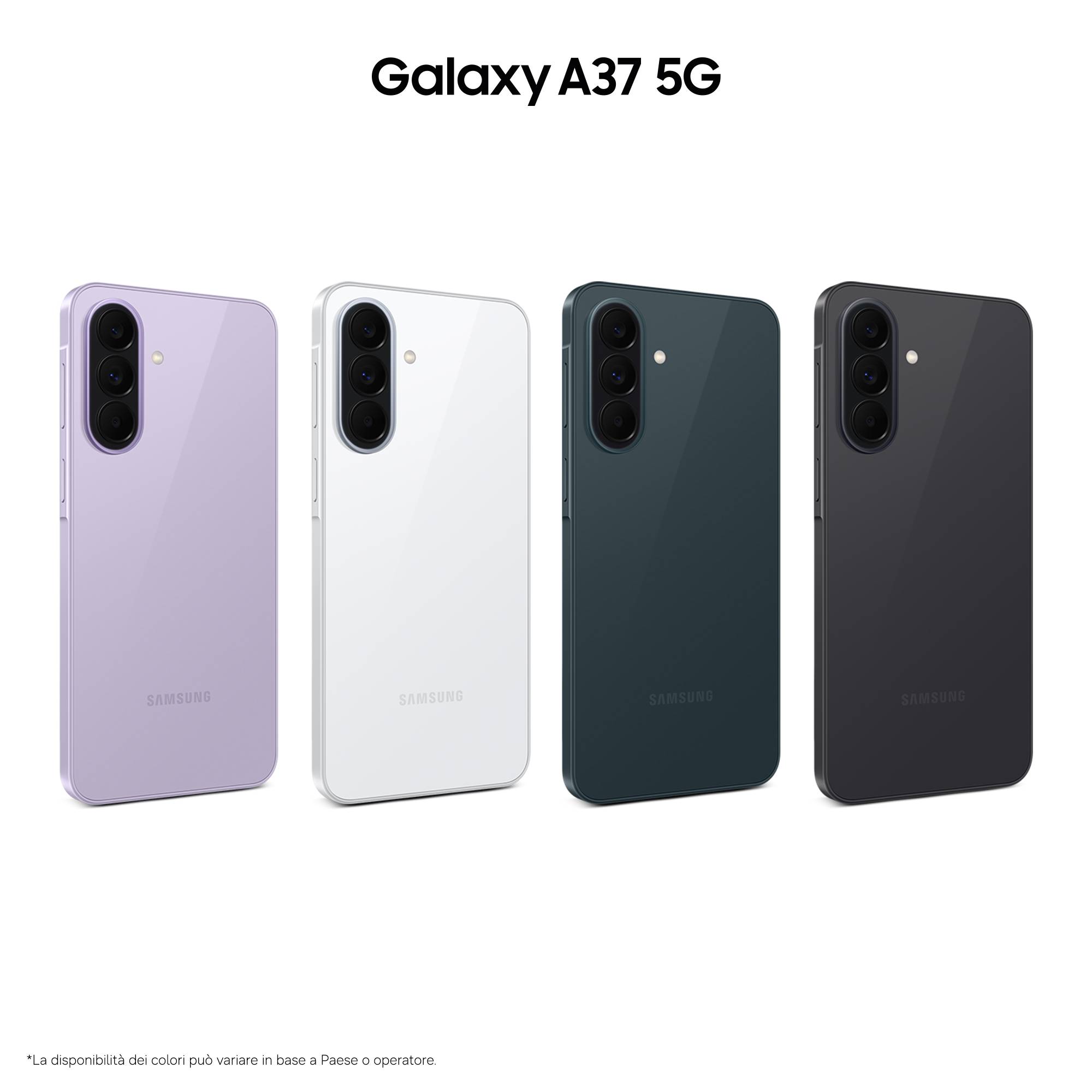 Samsung Galaxy A37 5G in vier Farboptionen gezeigt: Lavendel, Weiß, Dunkelgrün und Schwarz.