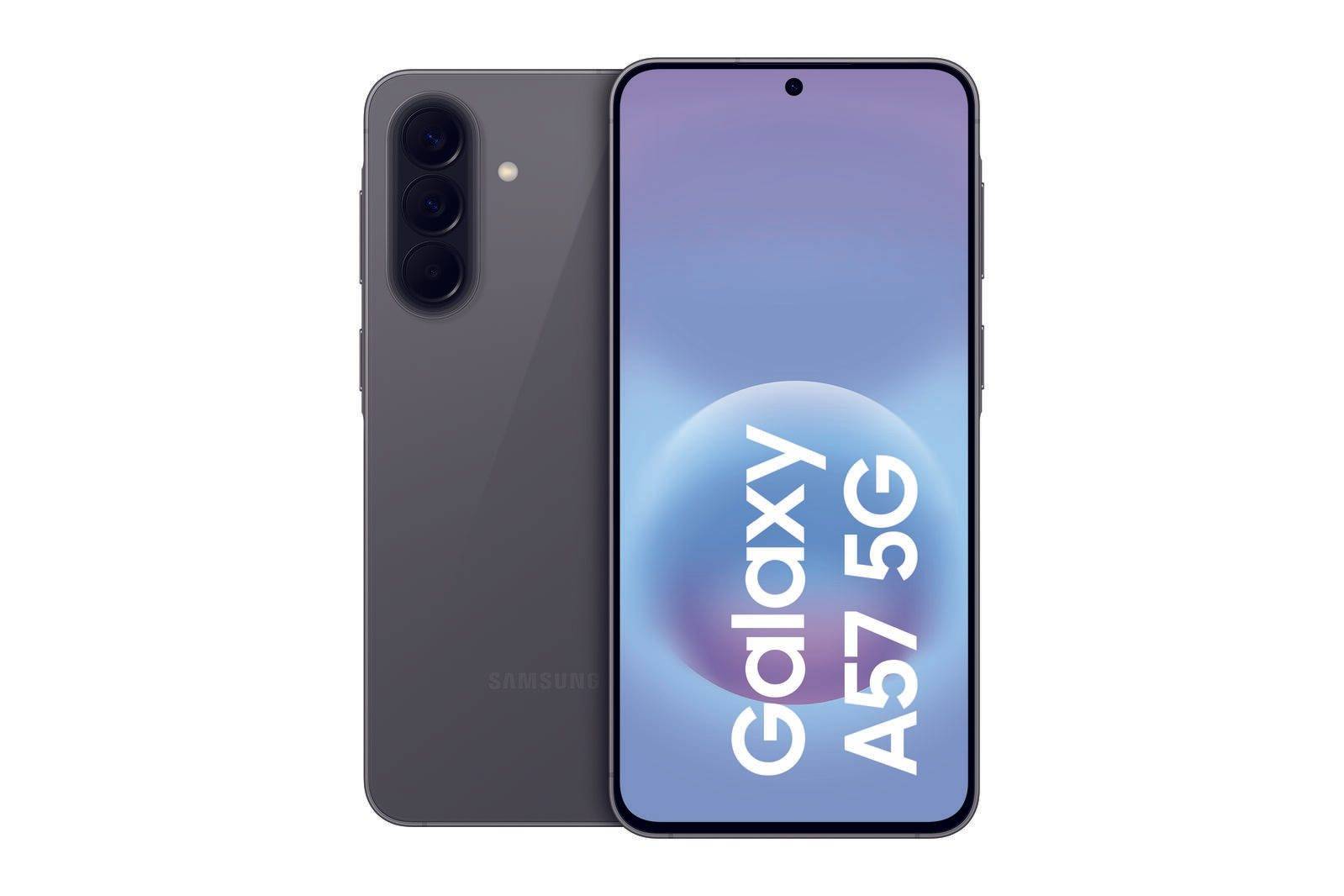 Samsung Galaxy A57 5G Smartphone von vorne und hinten gezeigt, mit zentrierter Punch-Hole-Anzeige und dreifacher Rückkamera auf grauem Gehäuse.
