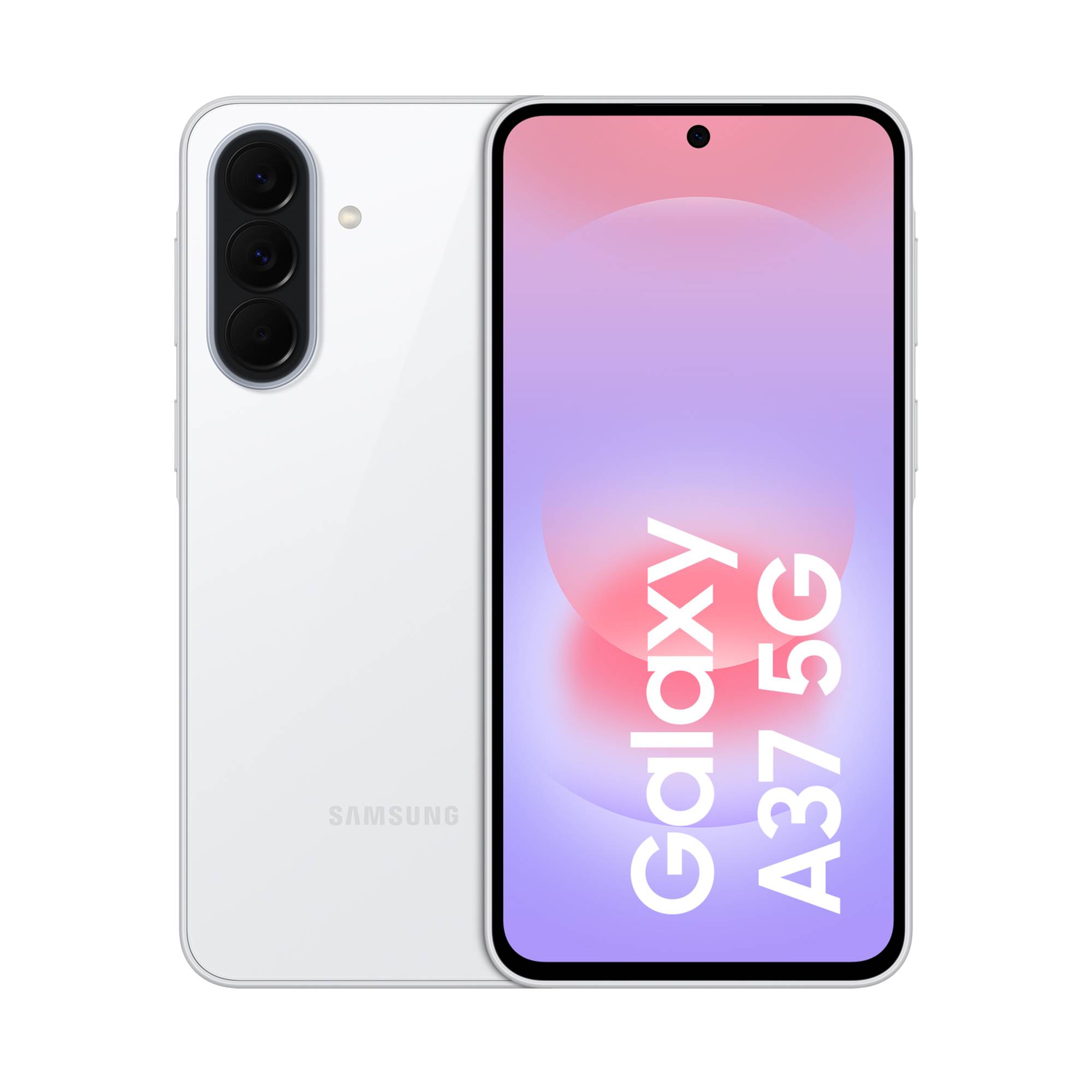 Samsung Galaxy A37 5G Smartphone in Weiß von vorne und hinten gezeigt, mit dreifacher Rückkamera und zentralem Loch-Display mit der Aufschrift „Galaxy A37 5G