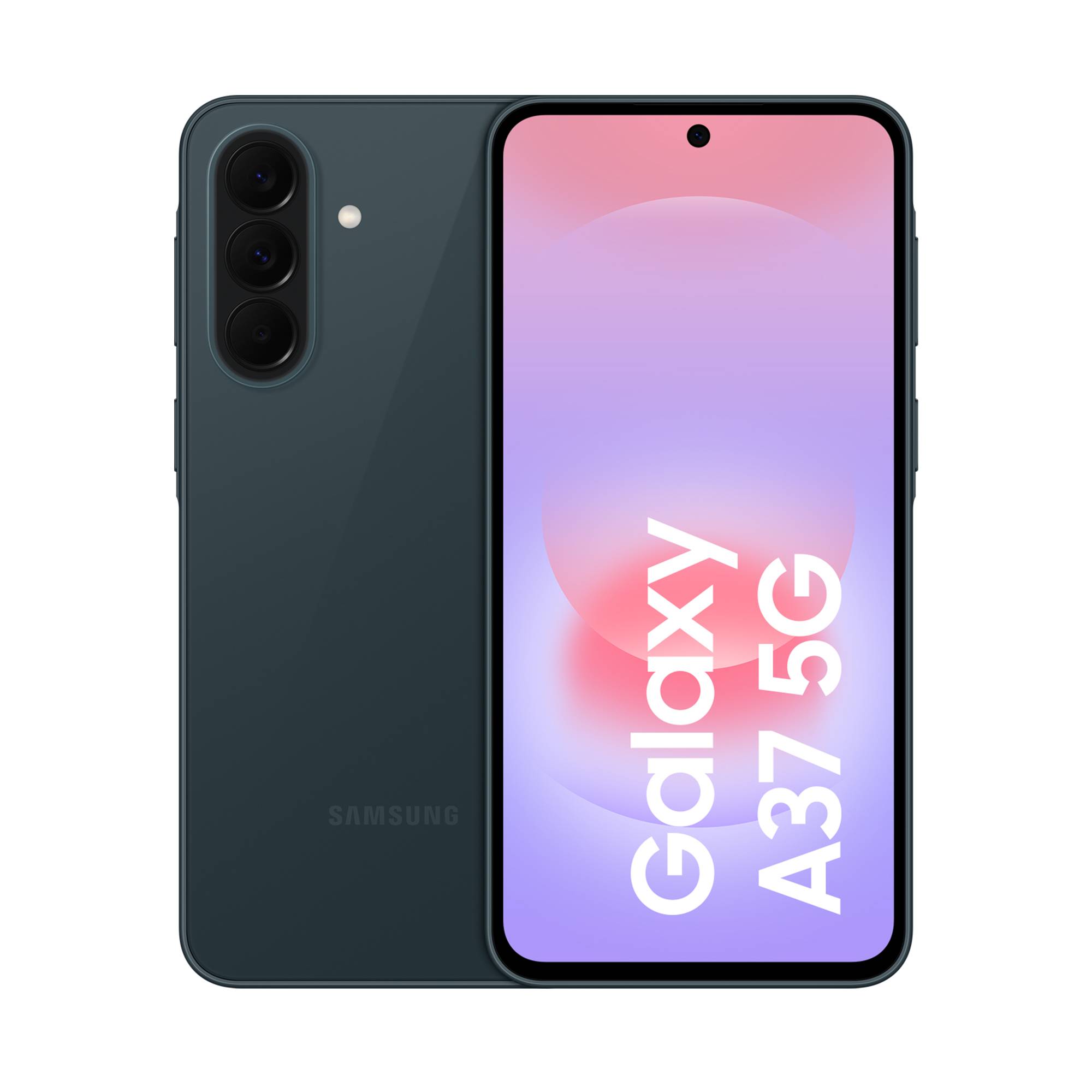 Samsung Galaxy A37 5G Smartphone von vorne und hinten in Dunkelgrau gezeigt, mit dreifacher Rückfahrtkamera und zentriertem Loch-Punch-Display.