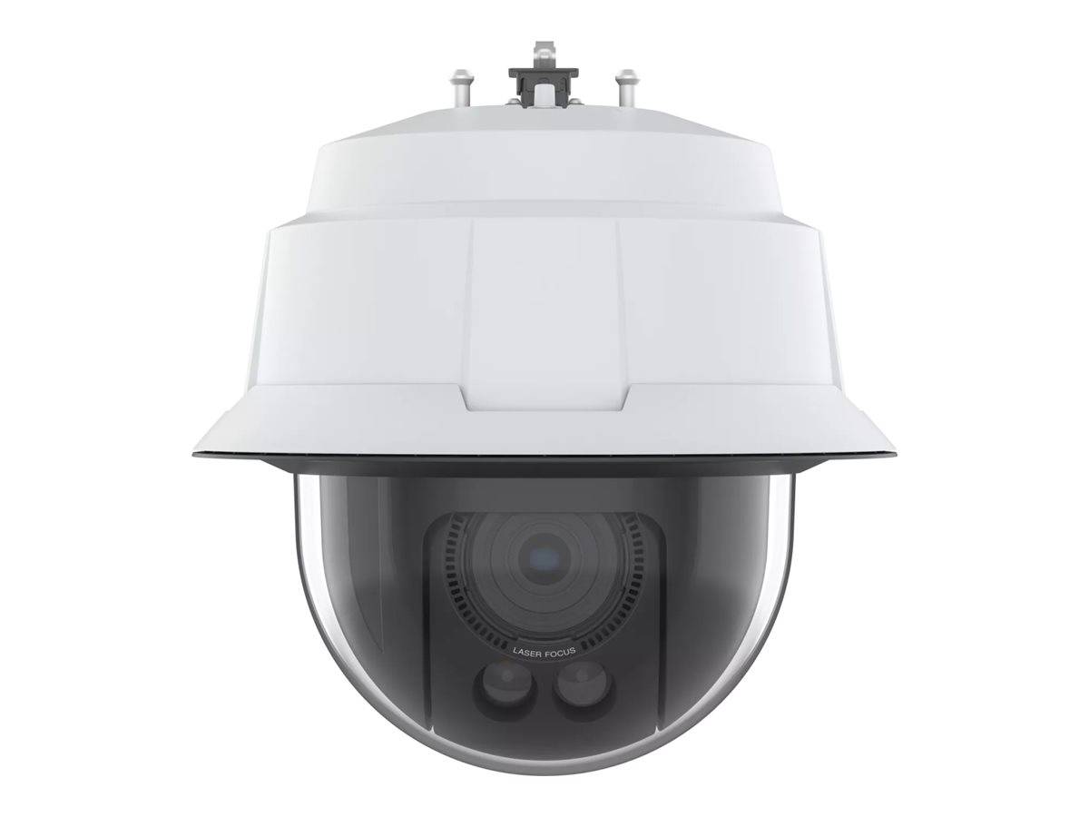 Weiße Außen-Dome-Sicherheitskamera mit Schutzgehäuse, von vorne auf einfachem Hintergrund dargestellt.