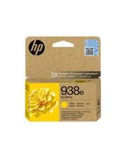 HP 938e Gelbe Tintenpatrone mit Schachtelbild mit Blumenmotiv und HP-Logo, von vorne auf weißem Hintergrund gezeigt.