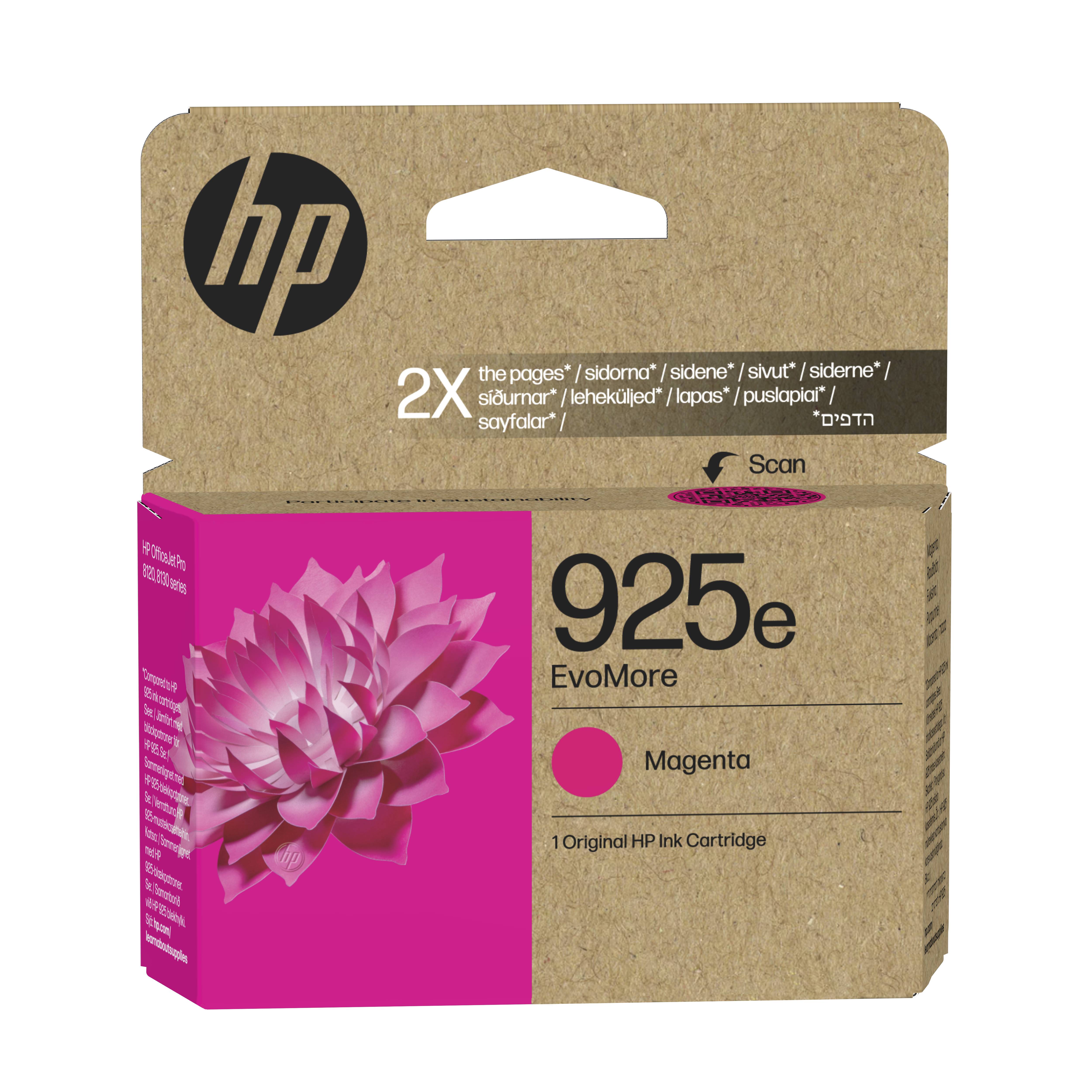 HP 925e EvoMore Magenta Original HP Tintenpatrone Schachtel mit rosa Blumengrafik und „2X