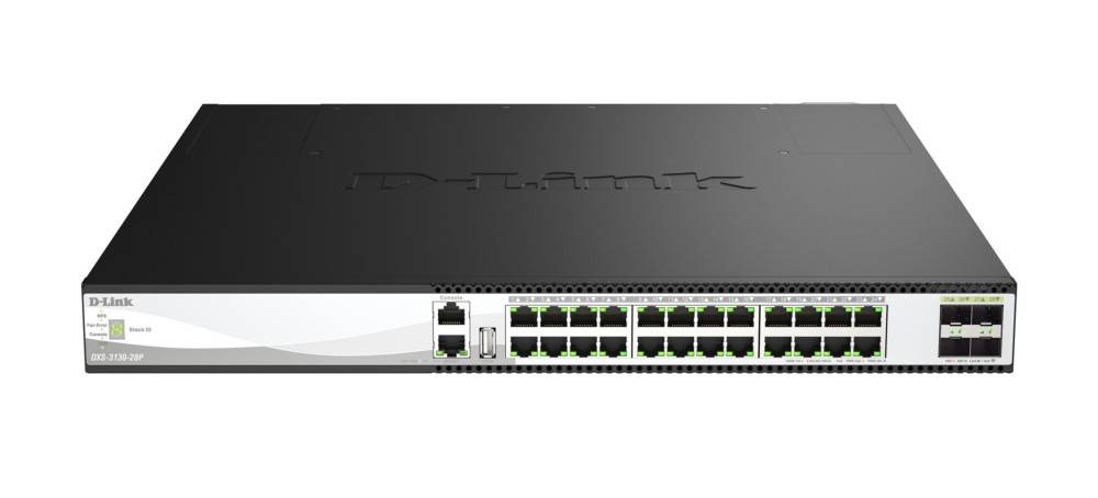 Frontansicht eines D-Link-Rackmount-Netzwerk-Switches mit mehreren Ethernet-Anschlüssen und Status-LEDs auf weißem Hintergrund