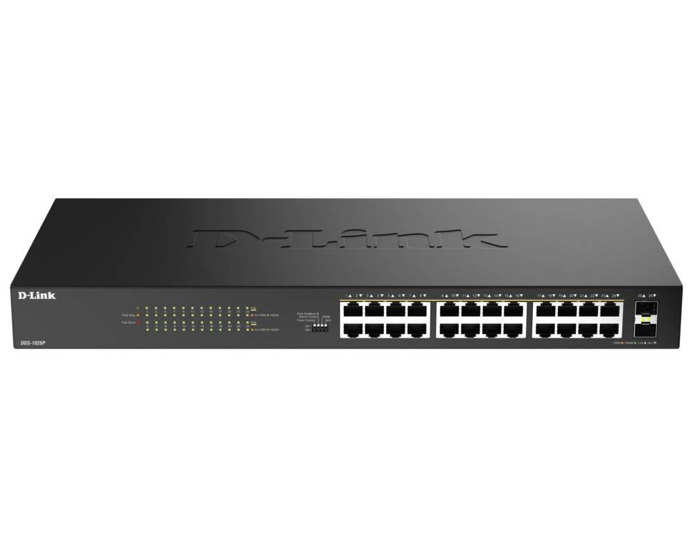 Vorderansicht eines D-Link Rack-montierbaren Ethernet-Switches mit 24 RJ45-Anschlüssen und Status-LEDs auf weißem Hintergrund.
