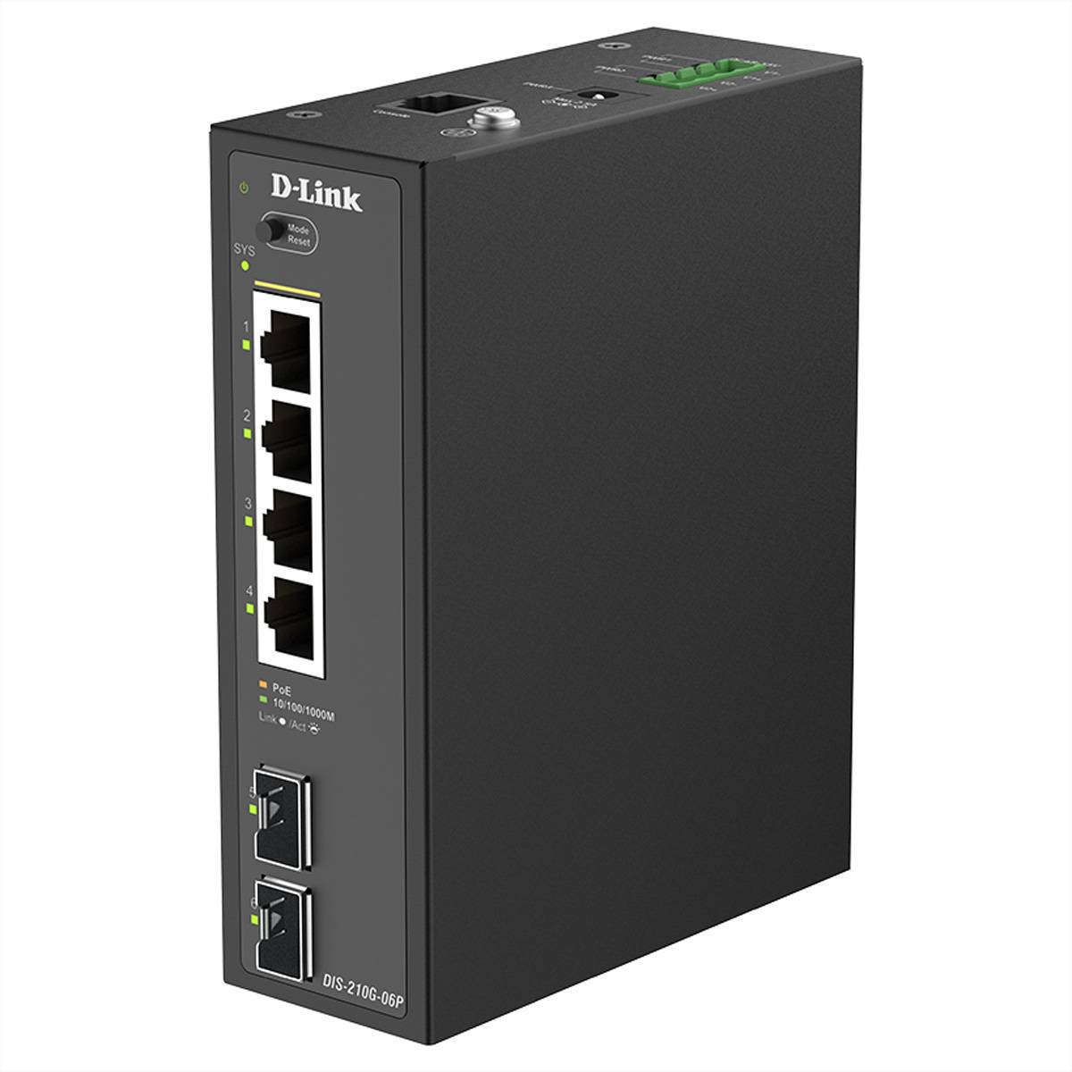 D-Link verwalteter Ethernet-Switch mit 4 Front-RJ45-Anschlüssen und 2 SFP-Uplink-Steckplätzen, dargestellt in einem schwarzen Metallgehäuse.