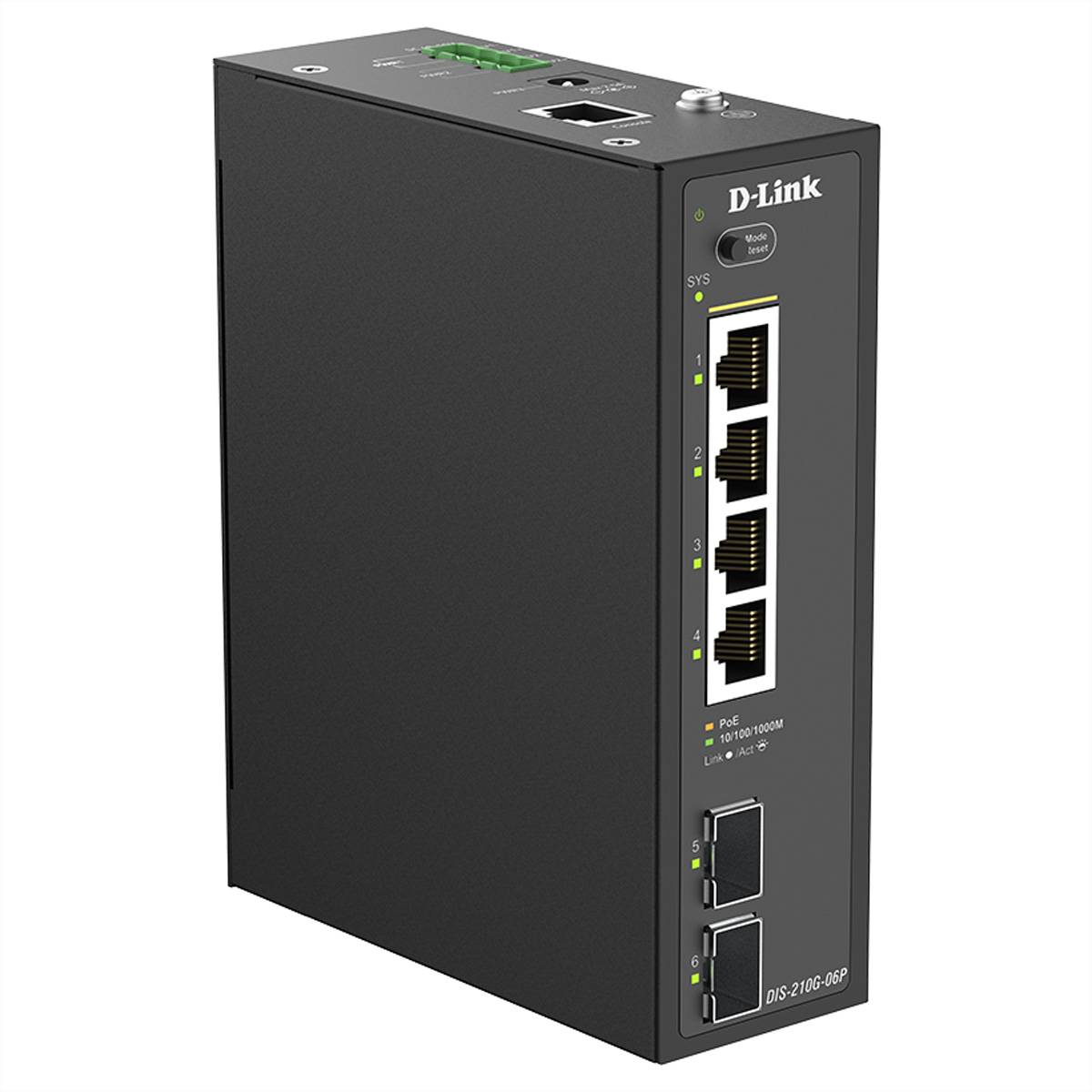 Schwarzer D-Link Industrial-Ethernet-Switch mit sechs RJ45-Anschlüssen und Statusanzeige-LEDs, dargestellt in einer produktgestalteten Ansicht.