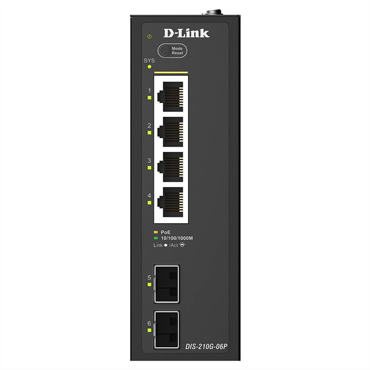 Frontansicht eines D-Link DIS-210G-06P Netzwerk-Switches mit sechs nummerierten Ethernet-Anschlüssen, Status-LEDs und einer Reset-Taste.
