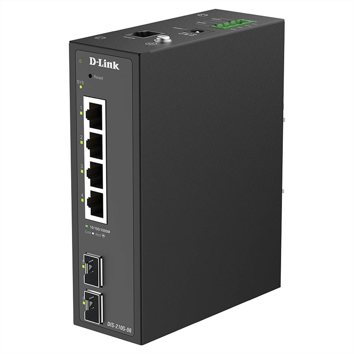 Schwarzer D-Link-Industrie-Ethernet-Switch mit vier RJ45-Anschlüssen und zwei Glasfaser-Uplink-Anschlüssen, dargestellt auf weißem Hintergrund.