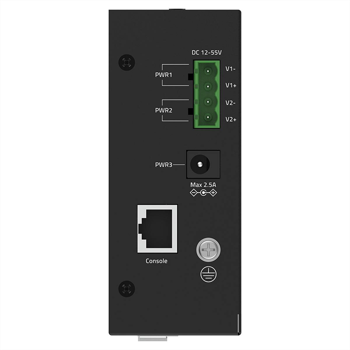 Frontplatte eines Stromversorgungsmoduls mit einem Eingangsanschluss für 12-55V Gleichstrom, drei Stromversorgungsanschlüssen mit den Bezeichnungen PWR1, PWR2, PWR3, einem Konsolenport im Ethernet-Stil und einer Erdungsschraube.