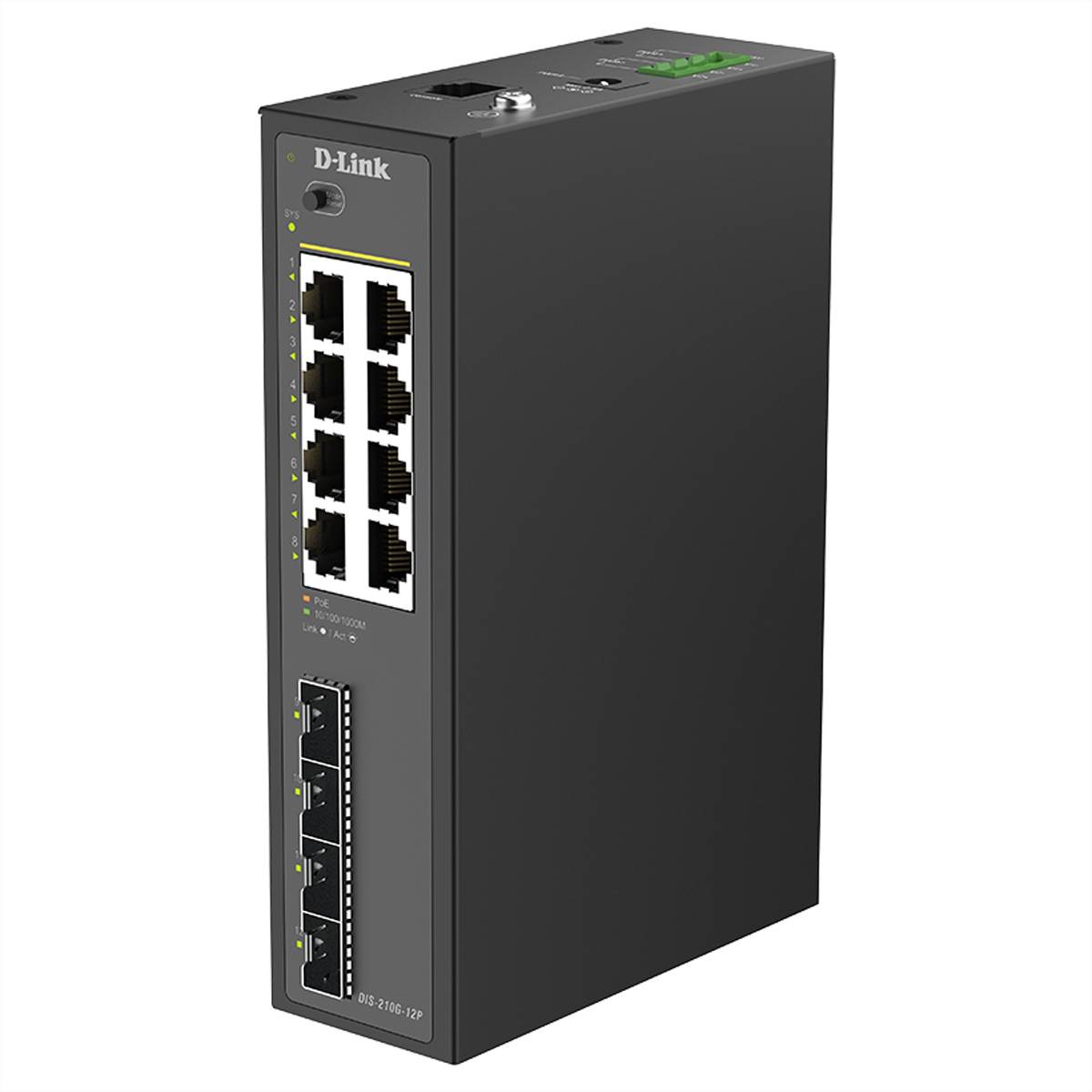 D-Link Industrial Ethernet Switch mit mehreren RJ45-Anschlüssen und vier SFP-Steckplätzen auf einem schwarzen Metallgehäuse.