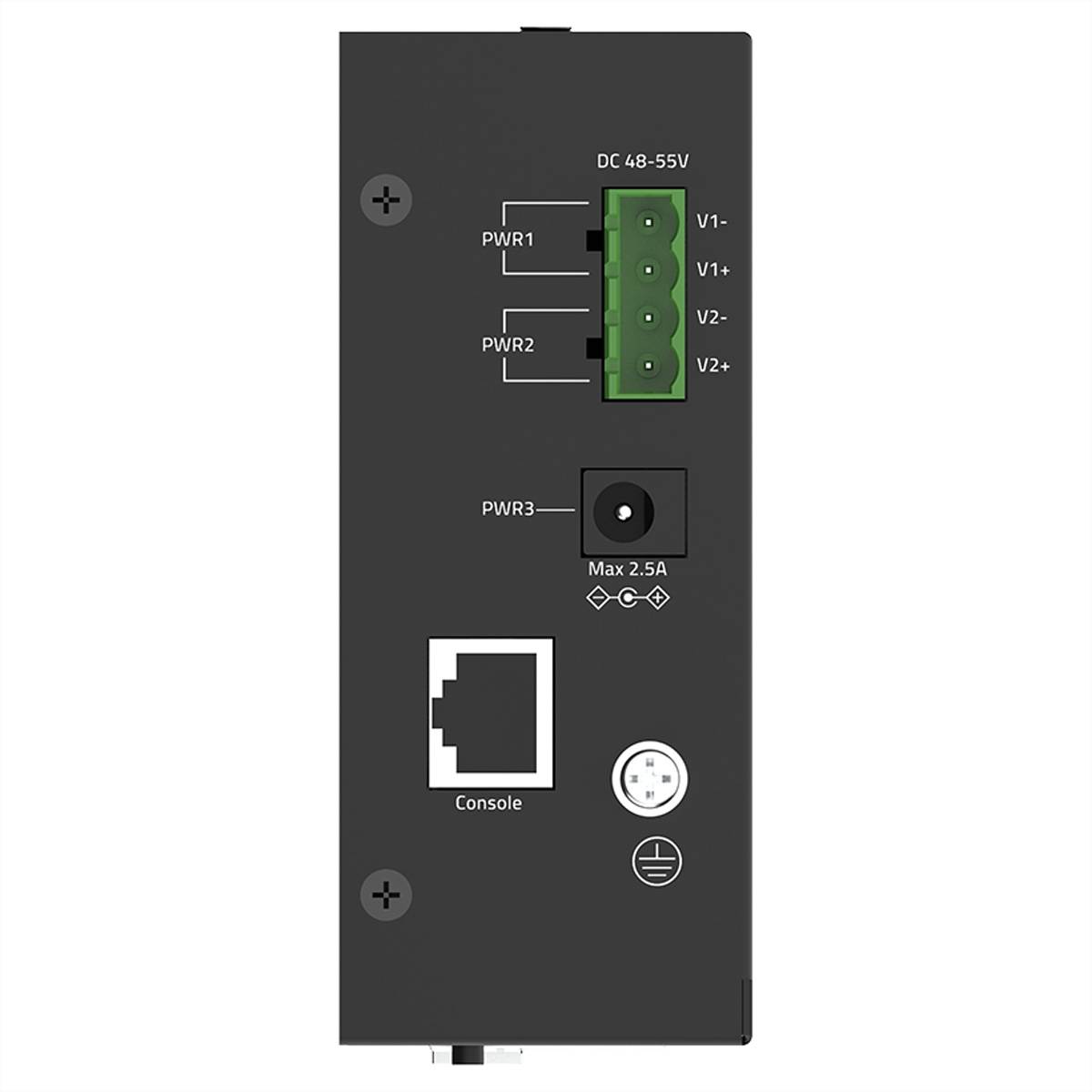 Vorderansicht eines Netzwerkgeräts-Rückpanels mit DC 48-55V Stromeingangsanschlüssen, einer PWR3-Buchse, Konsolenport und Erdungssymbol.