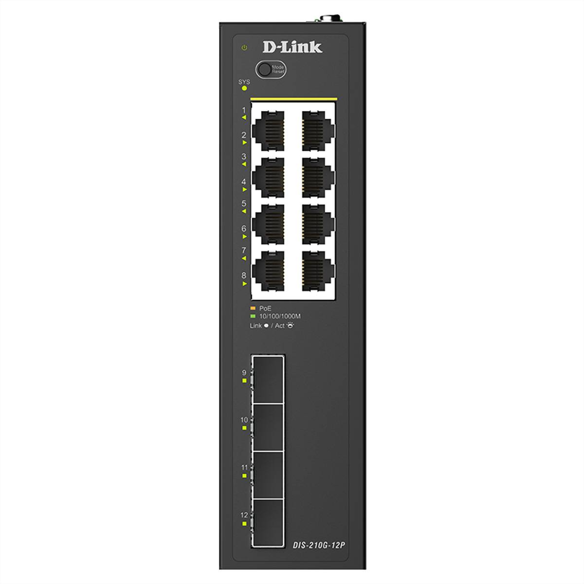 Vorderansicht eines D-Link DIS-210G-12P Netzwerk-Switches mit 12 Ethernet-Anschlüssen und Status-LEDs auf einem schwarzen Metallgehäuse.