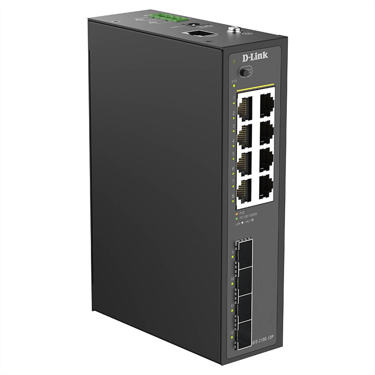 D-Link nicht verwalteter Netzwerk-Switch mit 8 Ethernet-Ports und 4 Gigabit-Uplink-Ports auf der Frontblende.