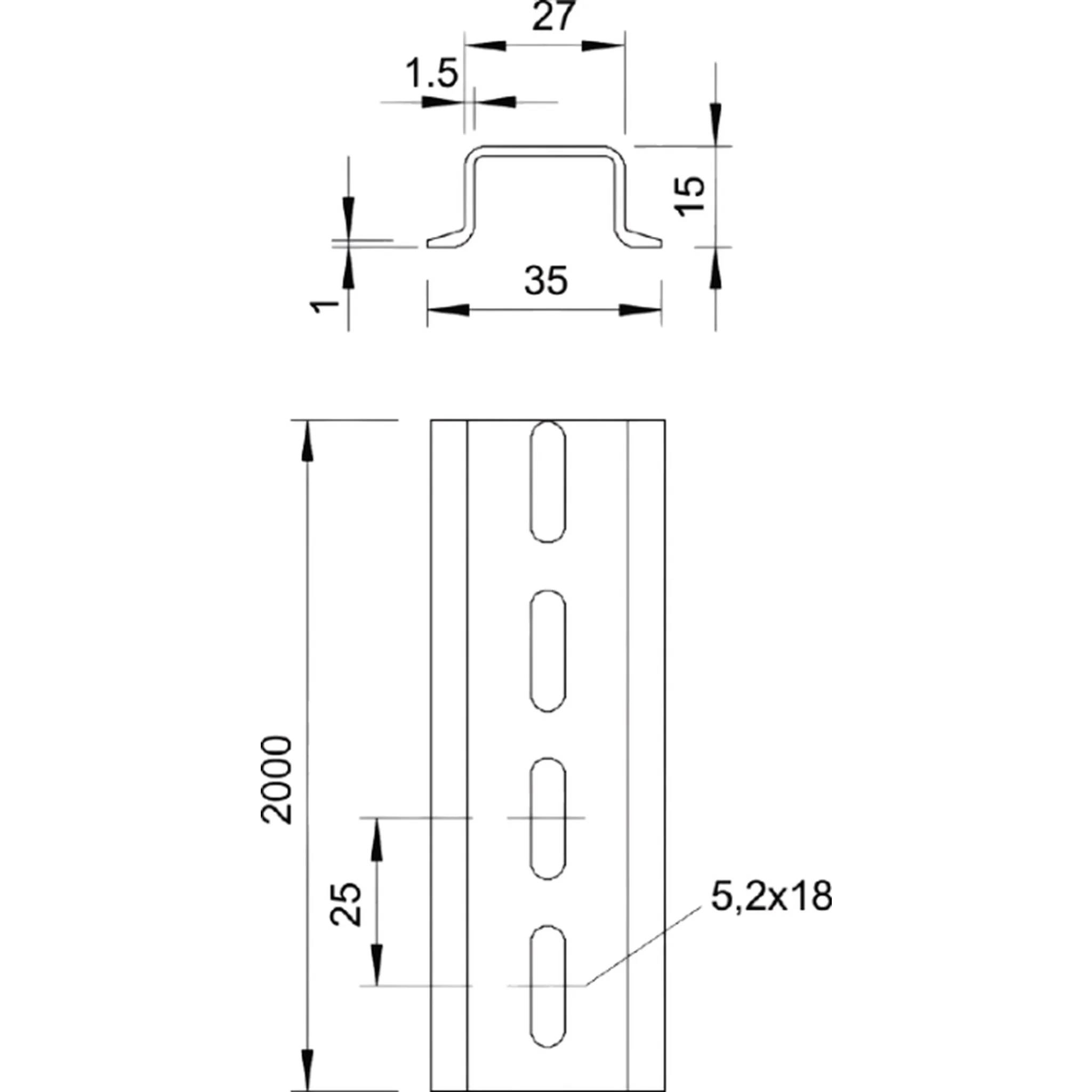 OBO Hutschiene gelocht, 1,5 mm Stärke, 35x15mm, Stahl galvanisch verzinkt, transparent, Stange mit 2m, 1 Stk.