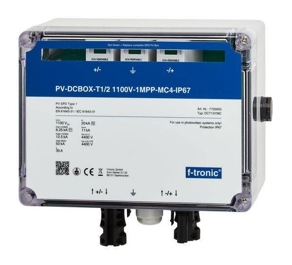 f-tronic Generatoranschlussbox PV-DCBOX-T1/2 1100V-1MPP MC4-IP67 -Überspannungsschutz-Anschlussbox für PV-Wechselrichter