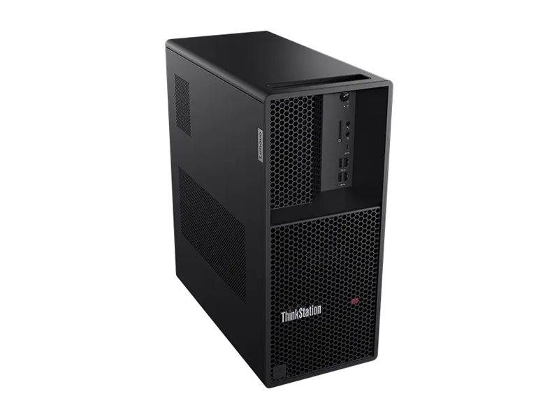 Schwarzer ThinkStation Desktop-Tower-Computer mit vorderer Lüftungsgitterung und USB-Anschlüssen