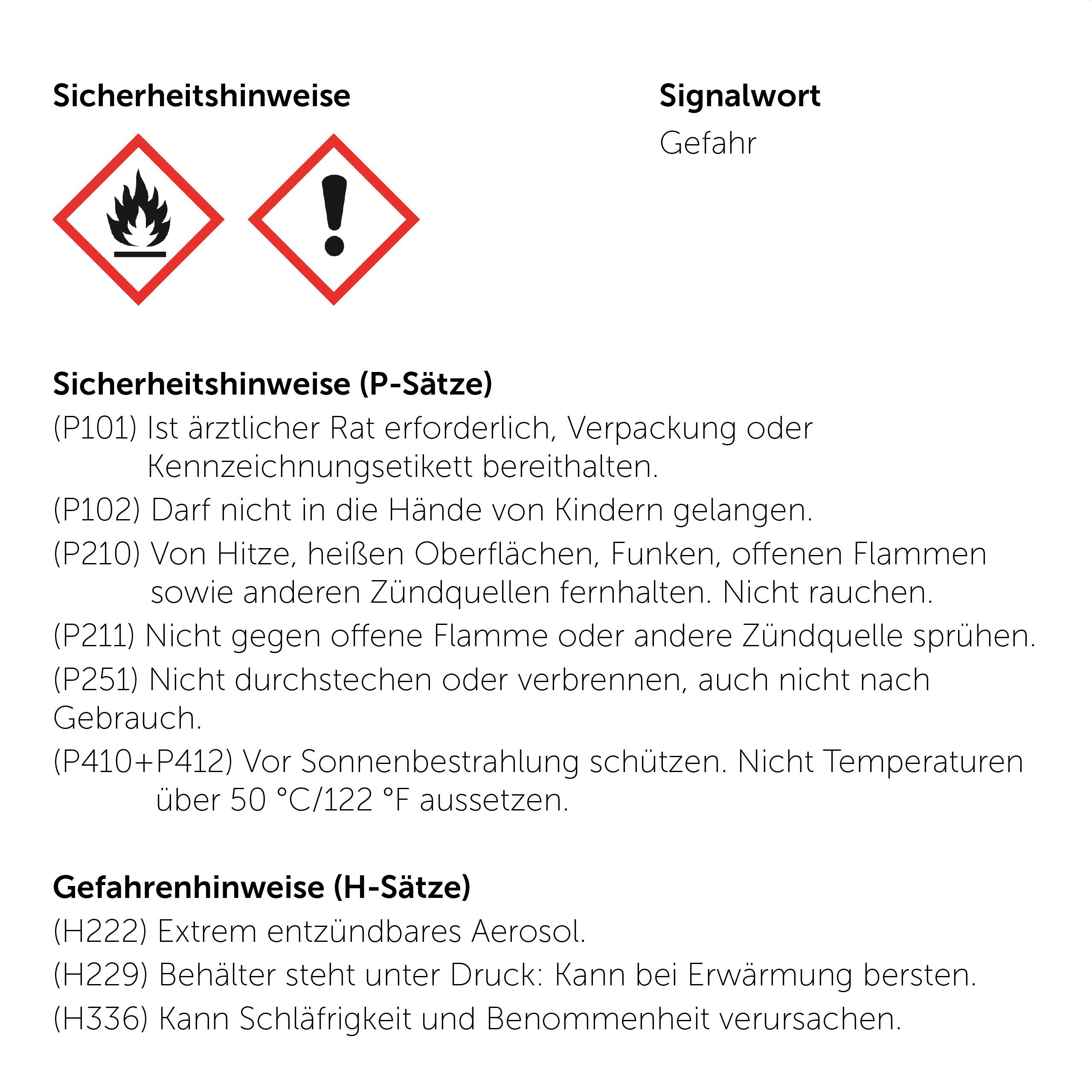 Deutsches Gefahrenetikett mit Flammen- und Ausrufezeichen-Symbolen; Signalwort „Gefahr