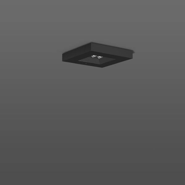 Schwarze quadratische Deckenleuchte mit zwei sichtbaren Glühbirnen vor einem einfachen grauen Hintergrund.