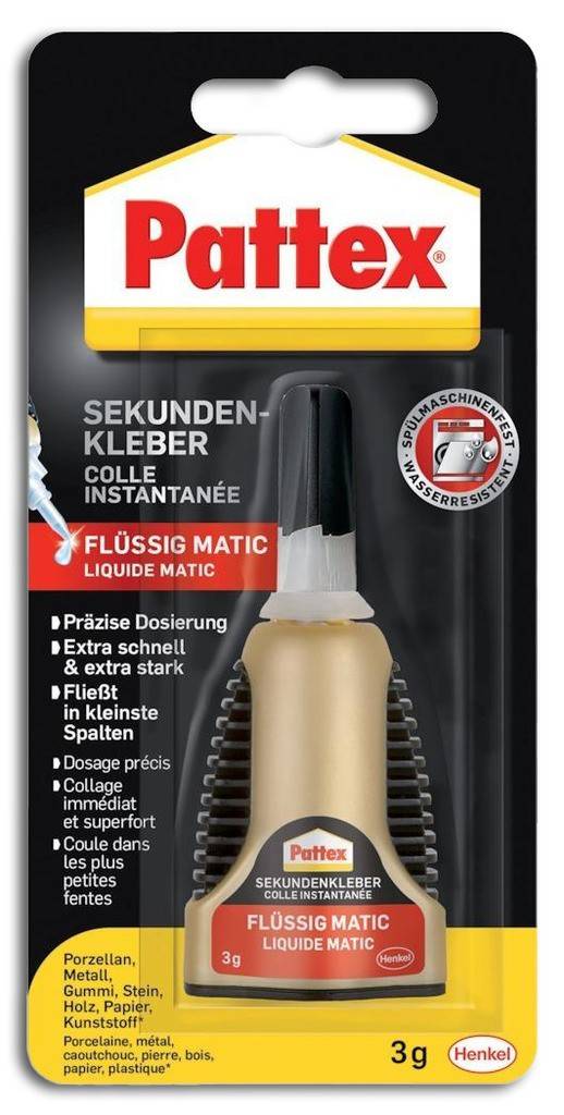 Pattex Sekundenkleber Matic flüssigProduktbeschreibung Cyanacrylat-Klebstoff Klebt unterschiedliche Materialien wie z.B. Porzellan, Keramik, Ho