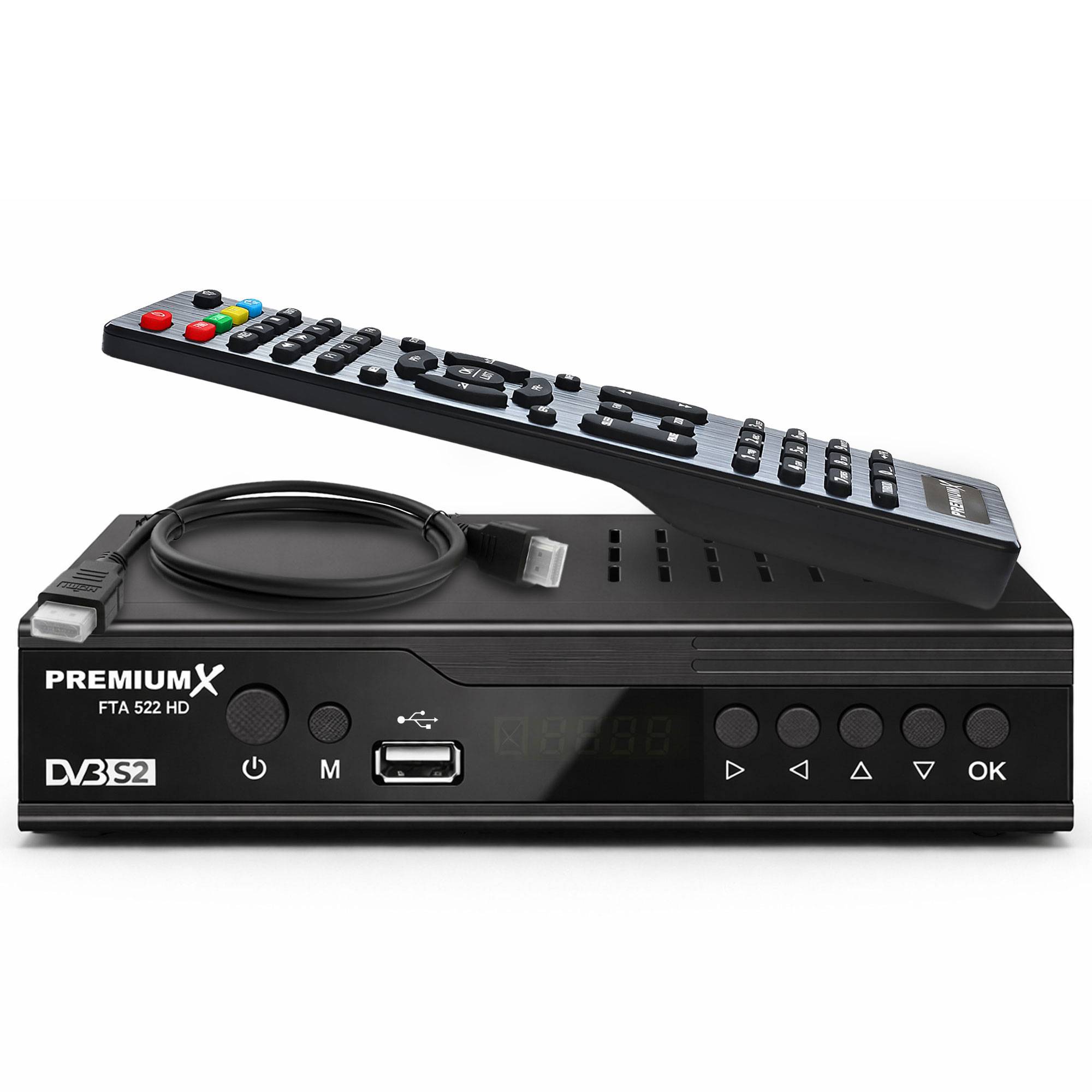 PremiumX Sat Receiver FTA 522 HD - DVB-S2 Digital Satellitenreceiver, Unicable tauglich, HDMI & SCART, 2x USB Media Player, 12V FullHD