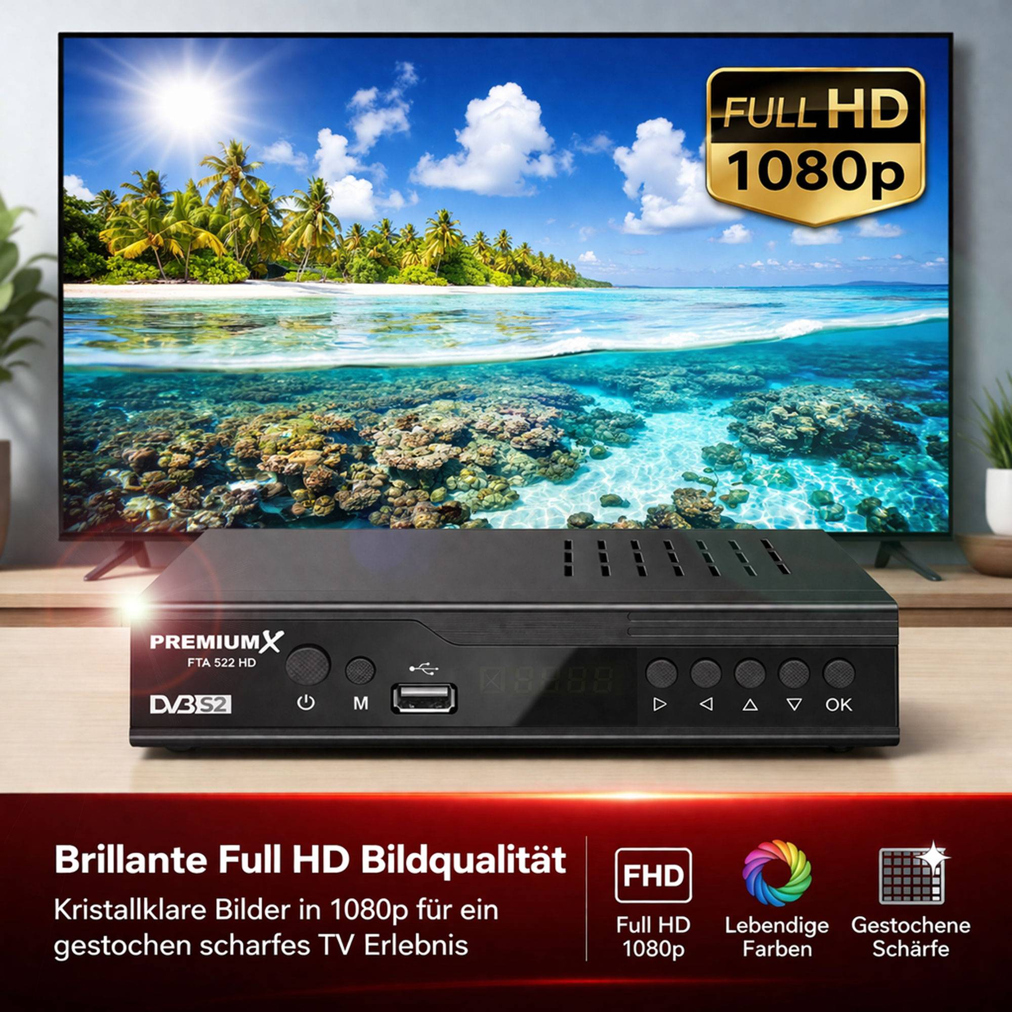 PremiumX Sat Receiver FTA 522 HD - DVB-S2 Digital Satellitenreceiver, Unicable tauglich, HDMI & SCART, 2x USB Media Player, 12V FullHD