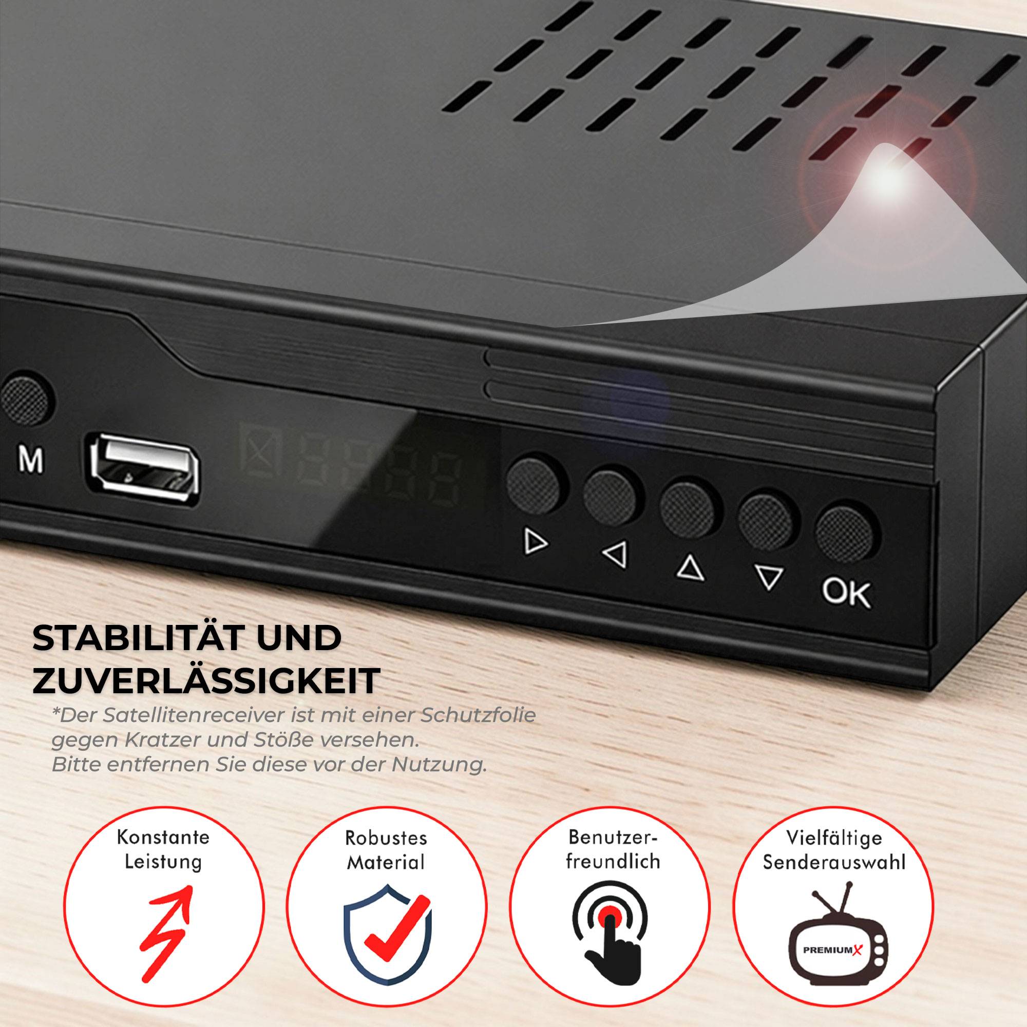 PremiumX Sat Receiver FTA 522 HD - DVB-S2 Digital Satellitenreceiver, Unicable tauglich, HDMI & SCART, 2x USB Media Player, 12V FullHD