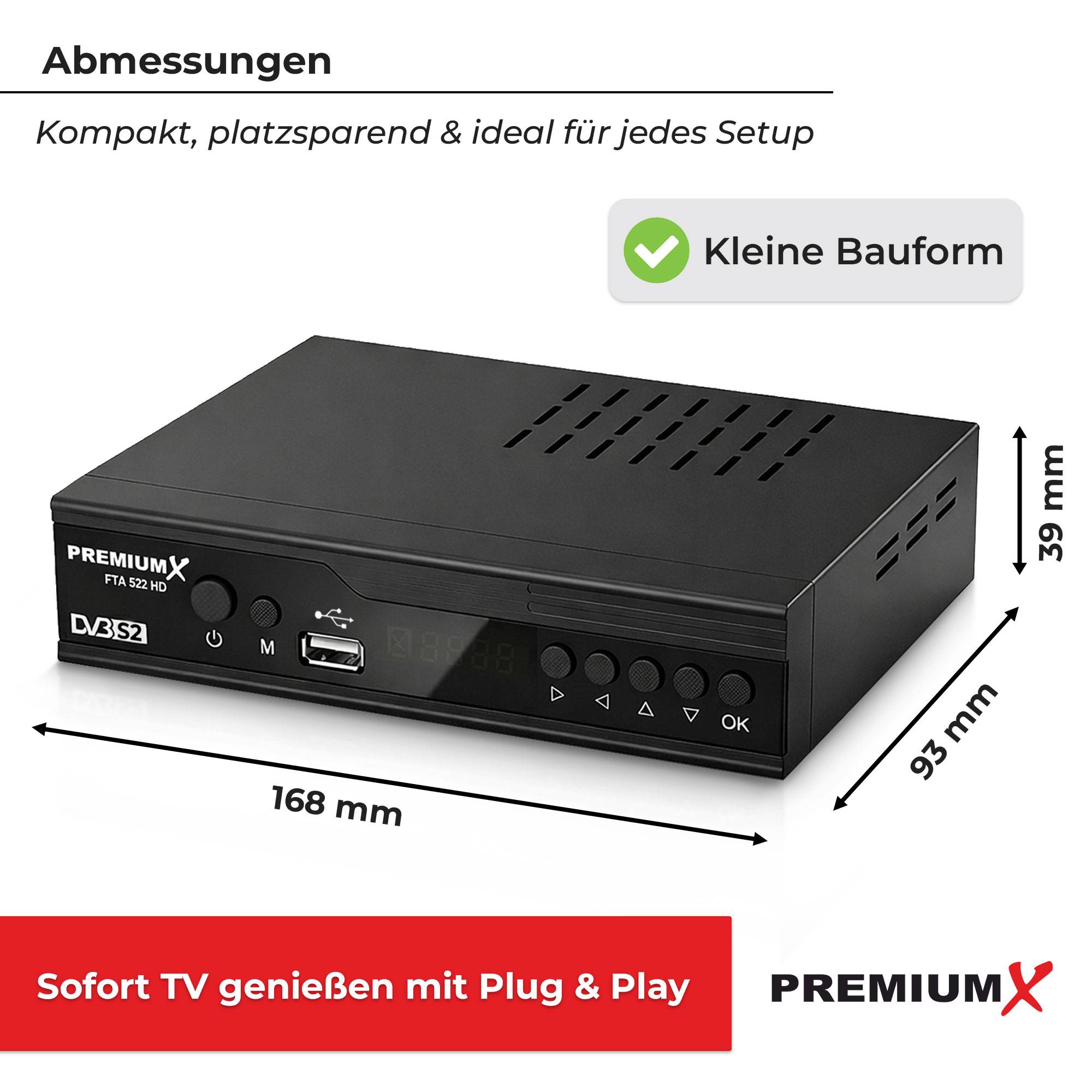 PremiumX Sat Receiver FTA 522 HD - DVB-S2 Digital Satellitenreceiver, Unicable tauglich, HDMI & SCART, 2x USB Media Player, 12V FullHD