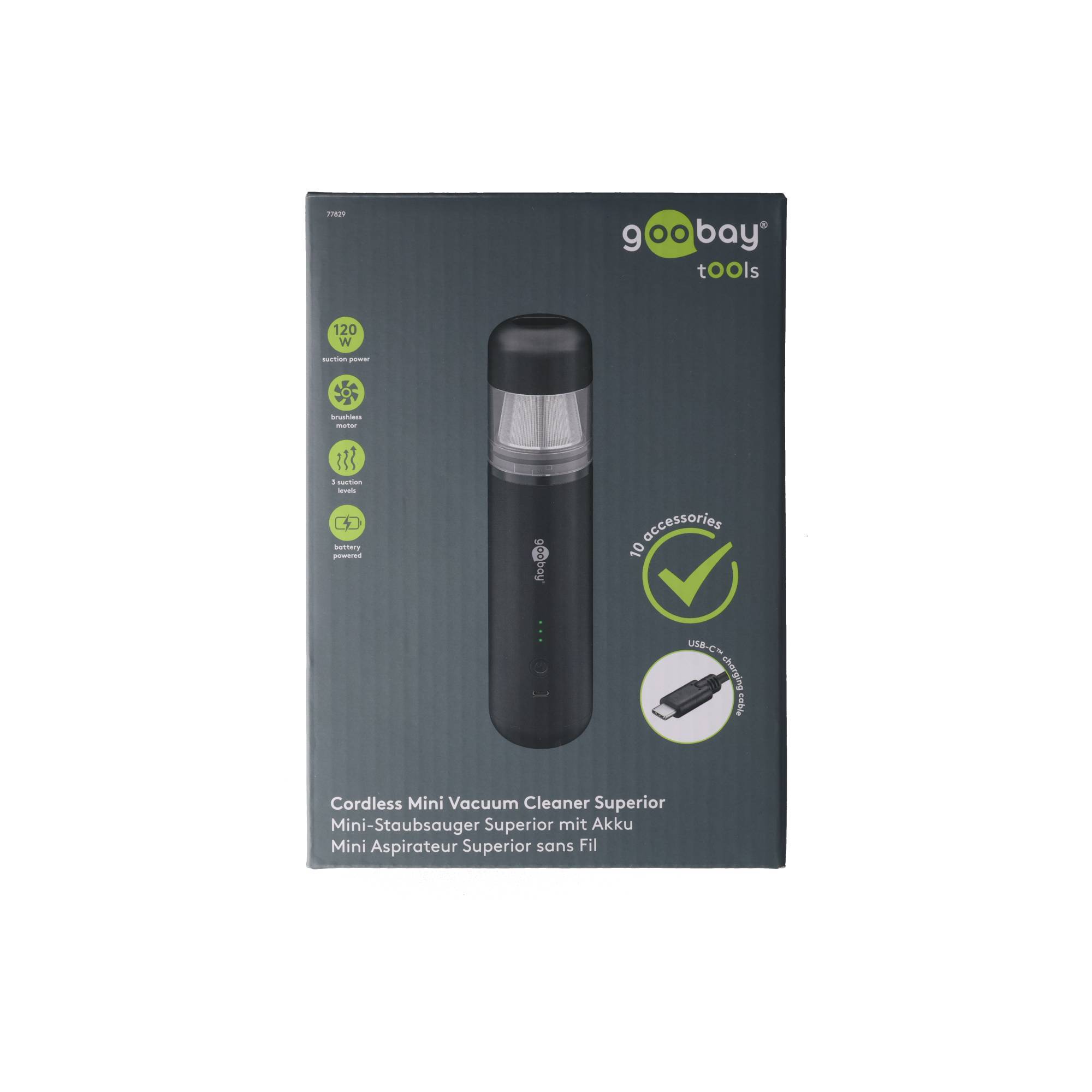 Verpackung für einen 900bay Tools kabellosen Mini-Staubsauger mit Produktabbildung, „10 Zubehörteile