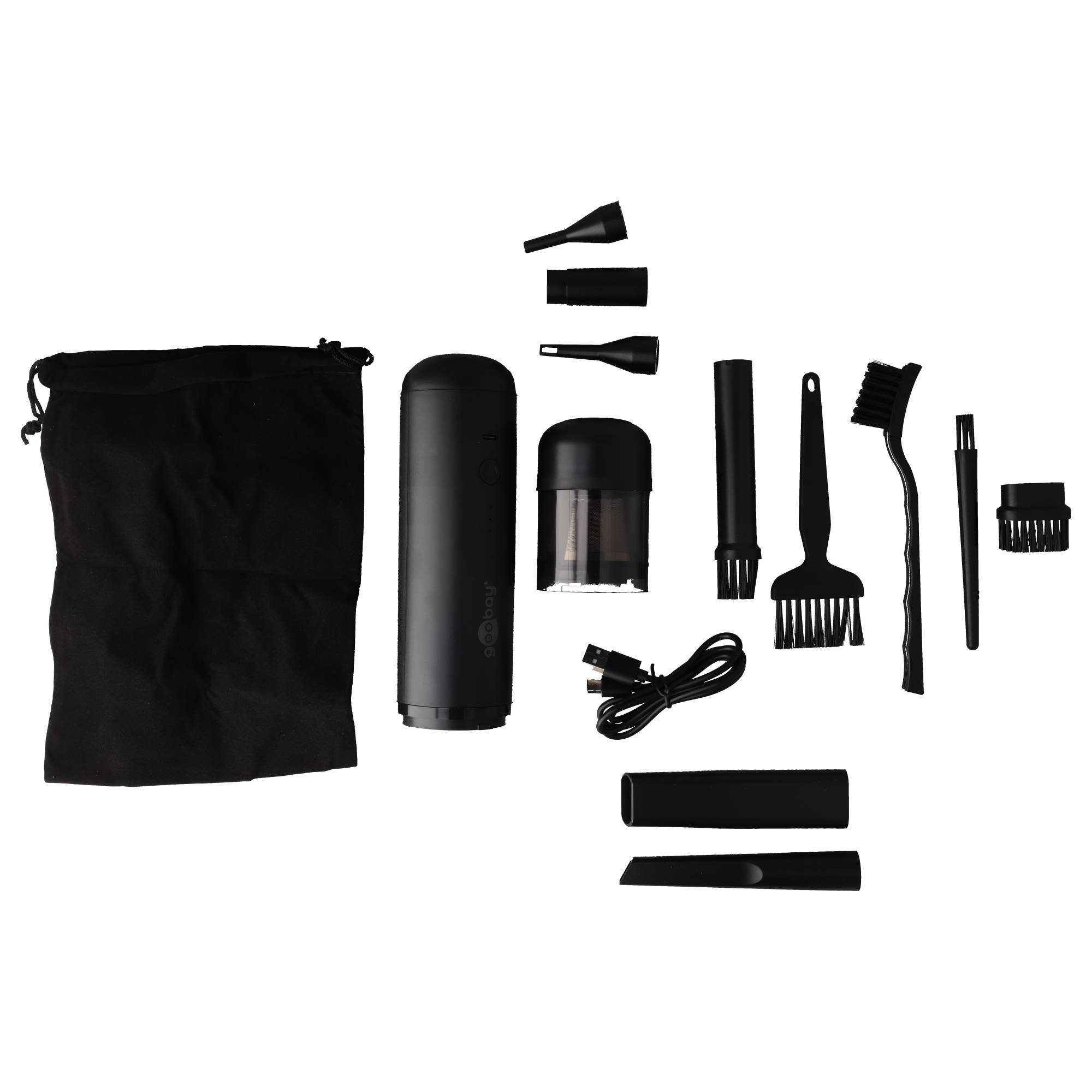 Sortiertes Grooming-Set mit schwarzem Aufbewahrungsbeutel, tragbarem Gerät, Aufsätzen, Ladekabel, Bürste, Kamm und Reinigungswerkzeugen auf weißem Hintergrund.