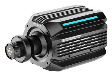 Schwarze MOZA R25 Ultra True Torque Direct-Drive-Lenkradplattform für einen Rennsimulator, gezeigt in Dreiviertelsicht mit montierter Welle und blauer Akzentbeleuchtung.