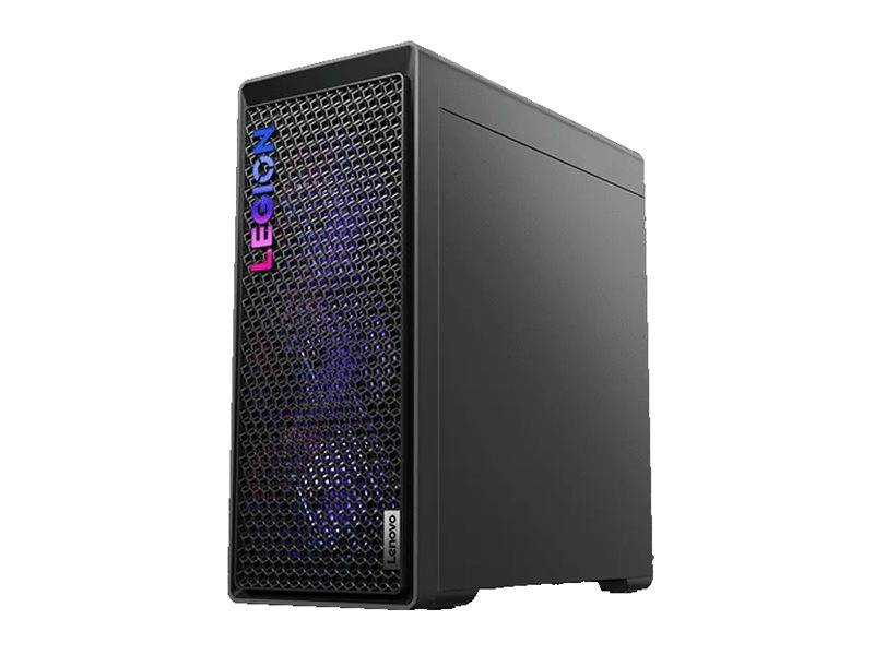 Schwarzer Lenovo Legion Desktop-Turm mit RGB-beleuchteter vorderer Mesh-Blende auf weißem Hintergrund.