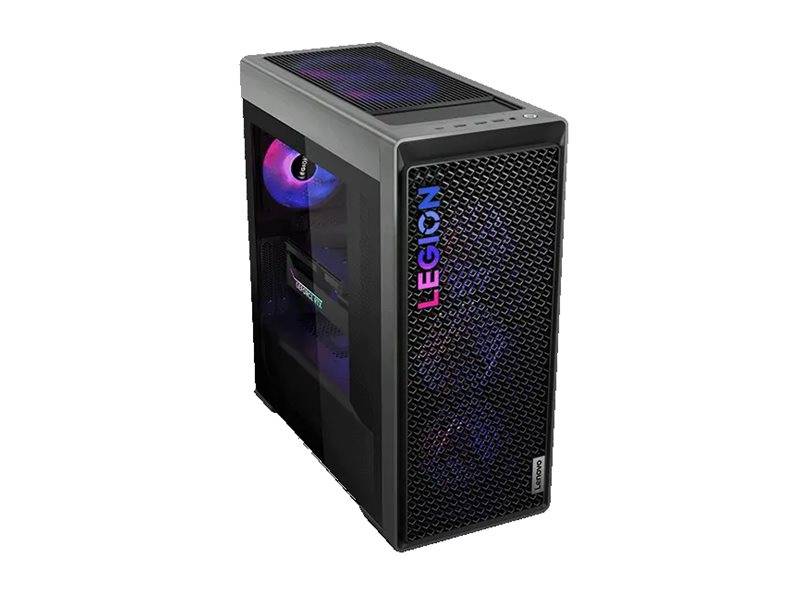 Schwarzer Lenovo Legion Desktop-Turm PC mit Mesh-Front, Seitenfenster und leuchtender RGB-Kühlungslüfter.