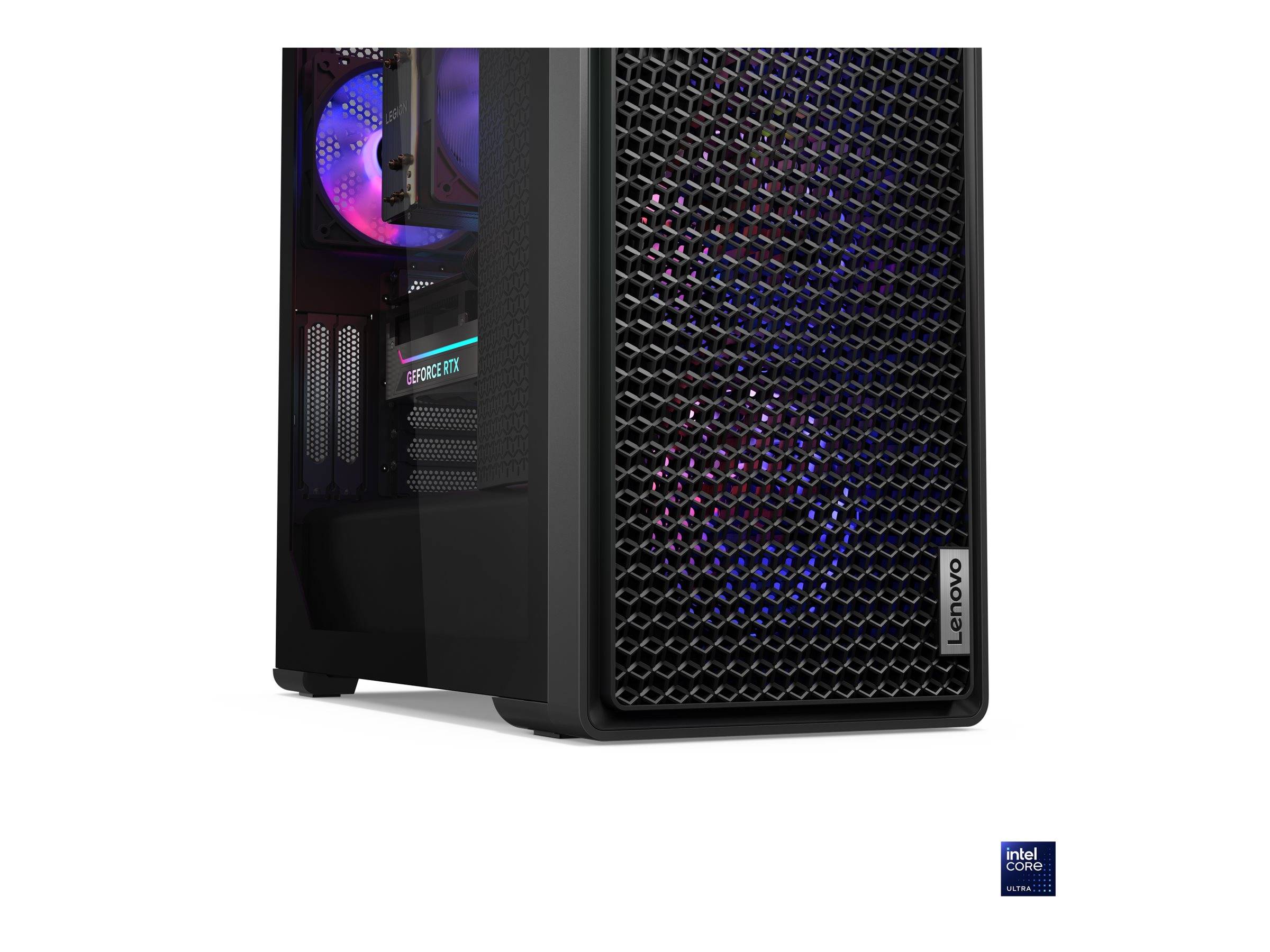 Schwarze Lenovo Desktop-Tower-PC mit Mesh-Frontblende und leuchtendem RGB-Kühlungsventilator, auf weißem Hintergrund mit Intel-Core-Abzeichen dargestellt.
