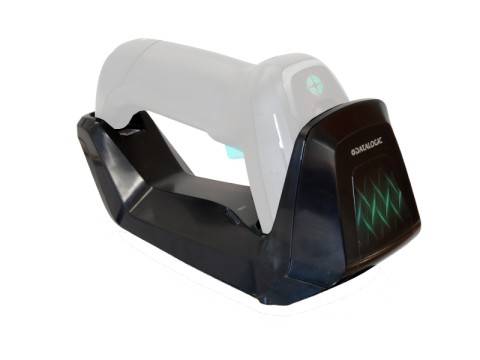 Ein futuristisches tragbares Scanner-Gerät mit weißer Oberseite, schwarzer Basis und leuchtend grünem Bildschirm, dargestellt vor weißem Hintergrund.
