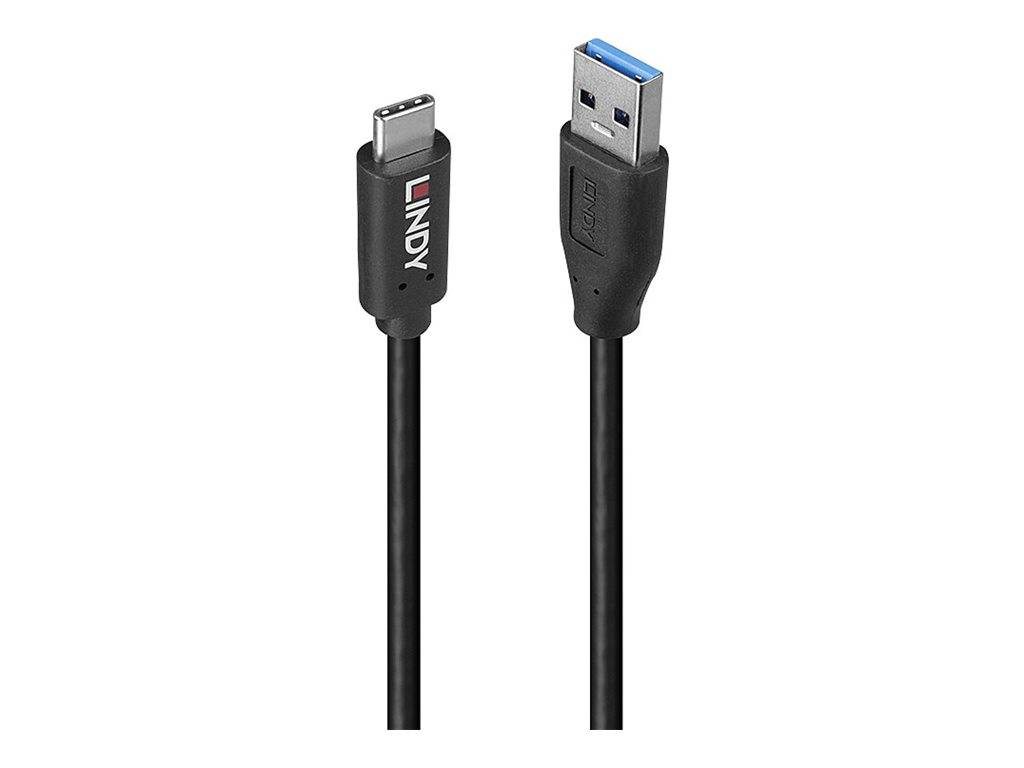 Schwarzes USB-Kabel mit USB-C-Anschluss auf der einen Seite und USB-A-Anschluss auf der anderen Seite, gezeigt auf weißem Hintergrund.
