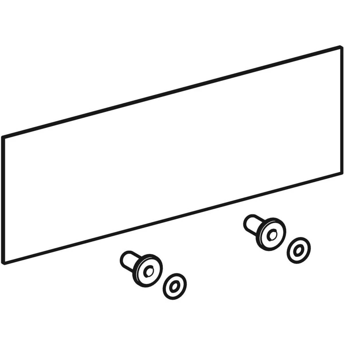Leeres rechteckiges Schild oder Panel mit Umriss und vier Befestigungsschrauben darunter auf weißem Hintergrund.