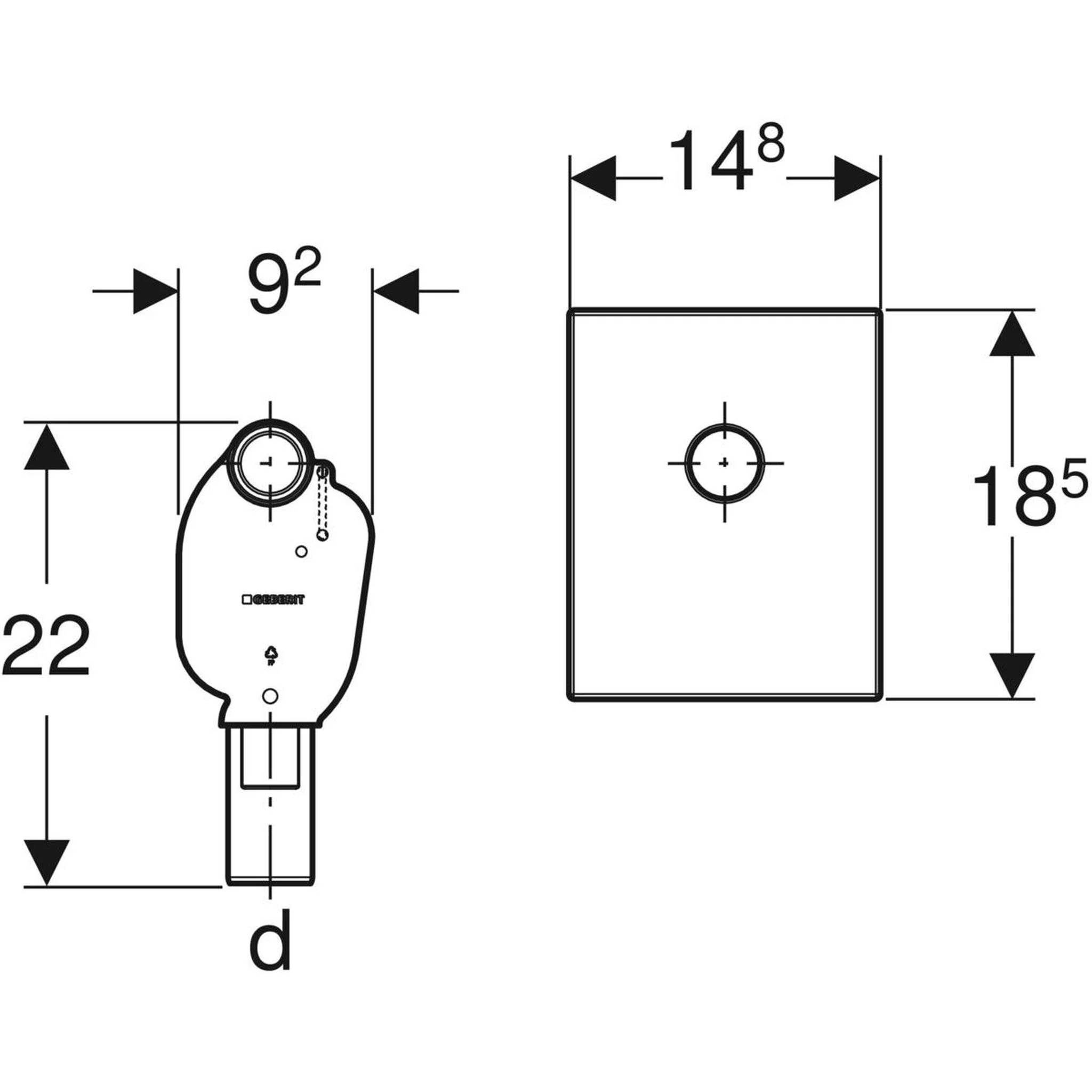 Technische Maßstabzeichnung eines Geräts mit Vorder- und Seitenansicht, die Maße 9², 22, 14⁸, 18⁵ und ein Befestigungsloch mit der Bezeichnung d zeigen.
