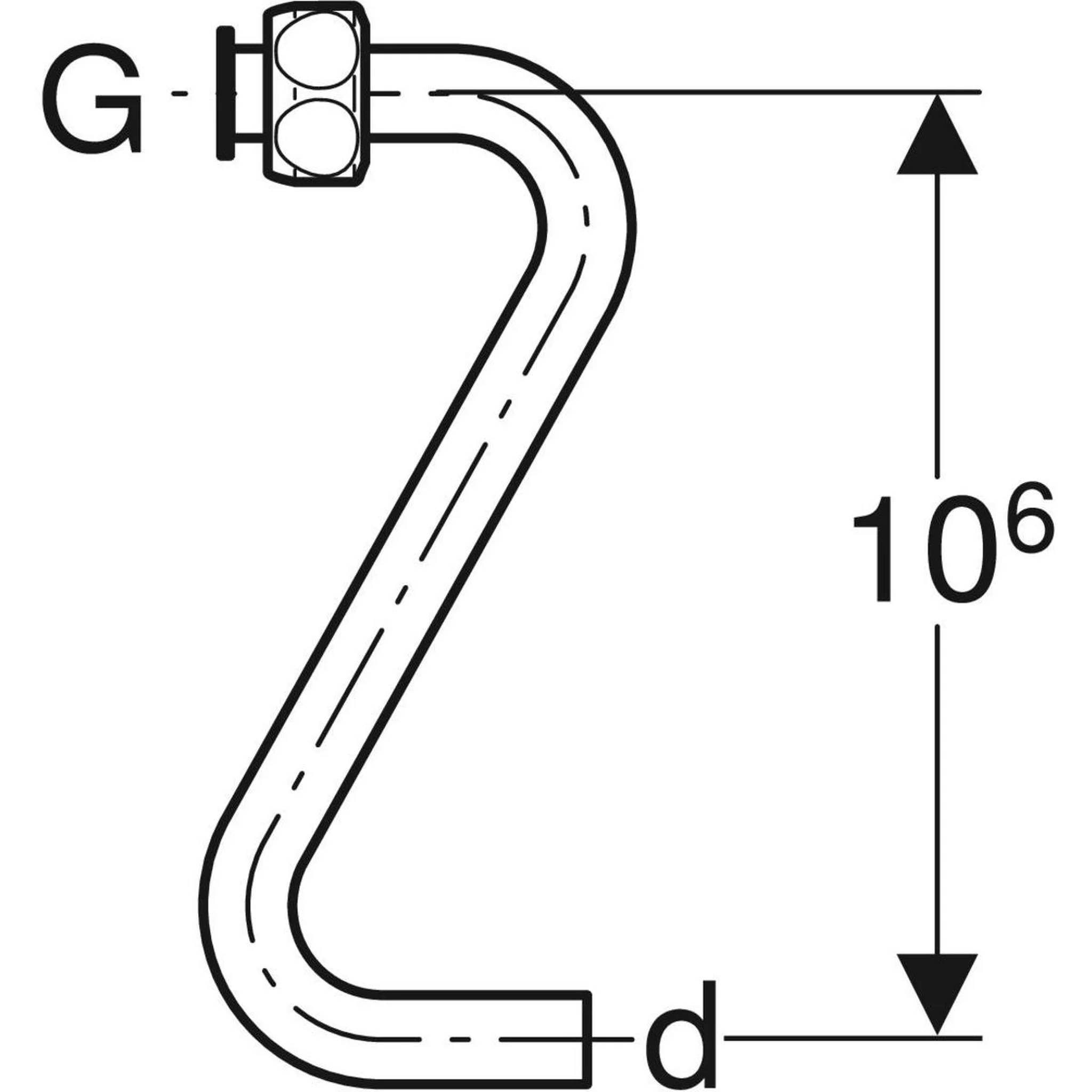 Technische Linienzeichnung eines gebogenen Rohrs oder einer Röhre mit einer 90-Grad-Biegung oben, gekennzeichnet mit G, d und 10⁶ für Abmessungen.